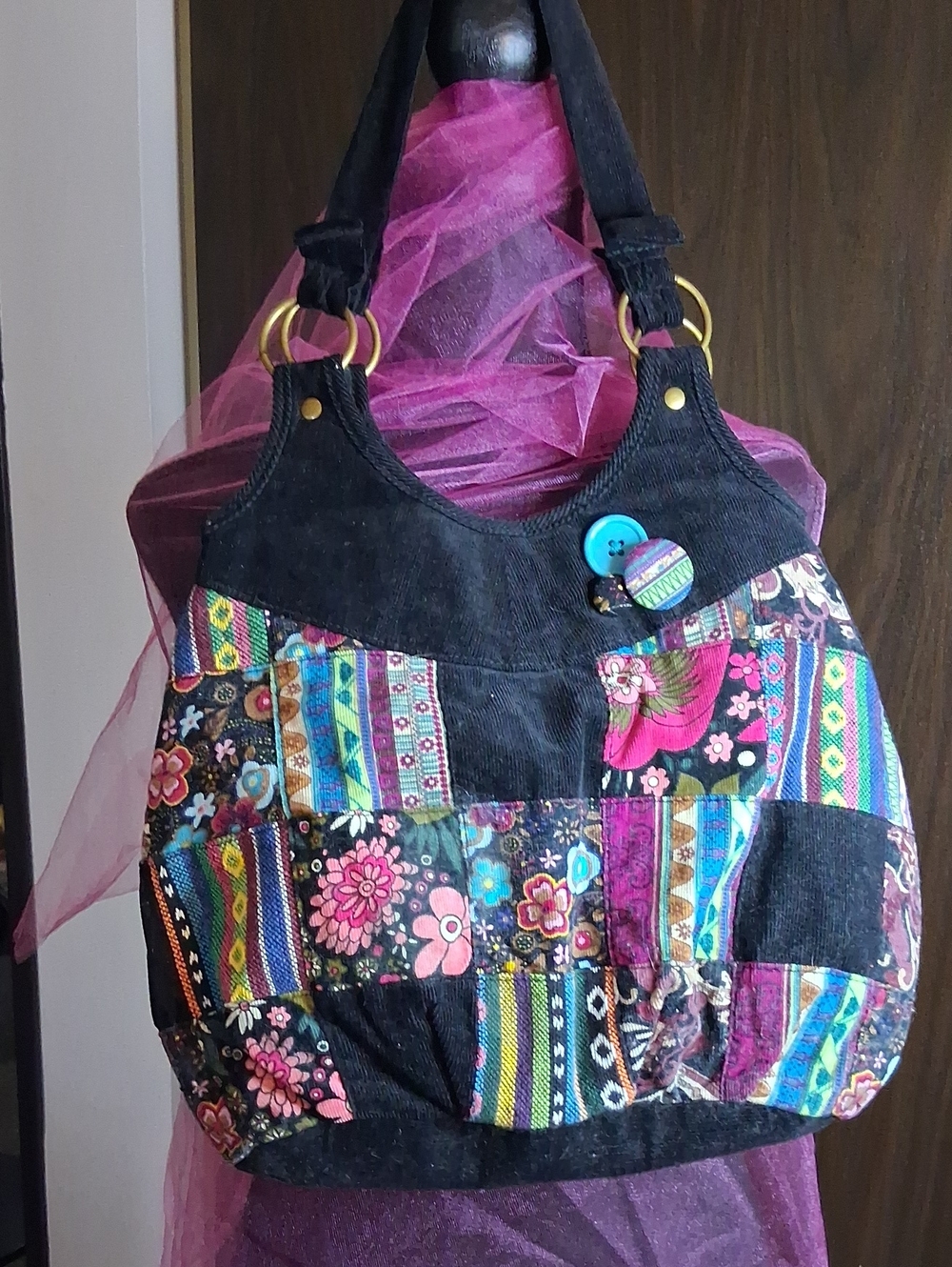 Boho Patchwork Black Tote Bag with Multicolor Floral Panels